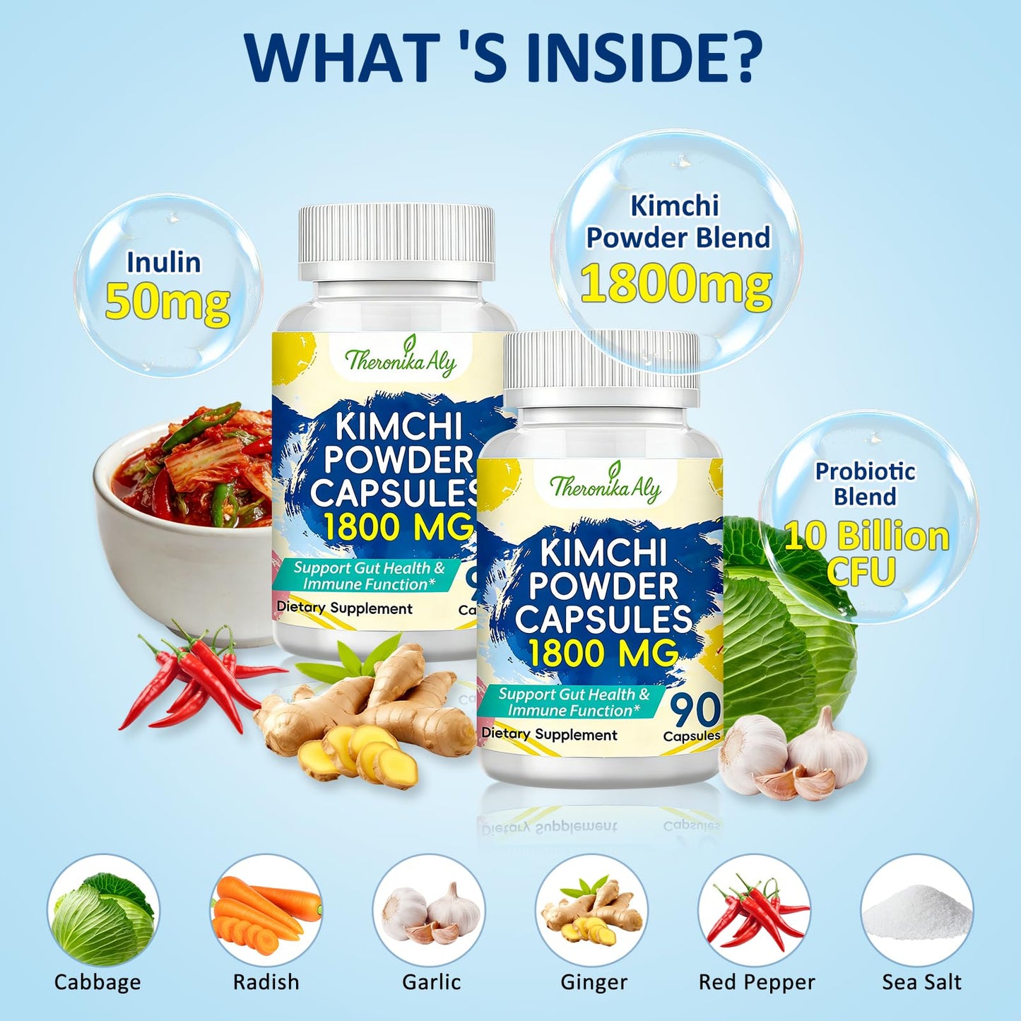Kimchi Probiotic Capsules, Fermented Kimchi Powder with 10 Billion CFU Probiotics & Prebiotic Inulin, Gut Health & Digestive Support, Fermented Vegetable - dailyvitalstore