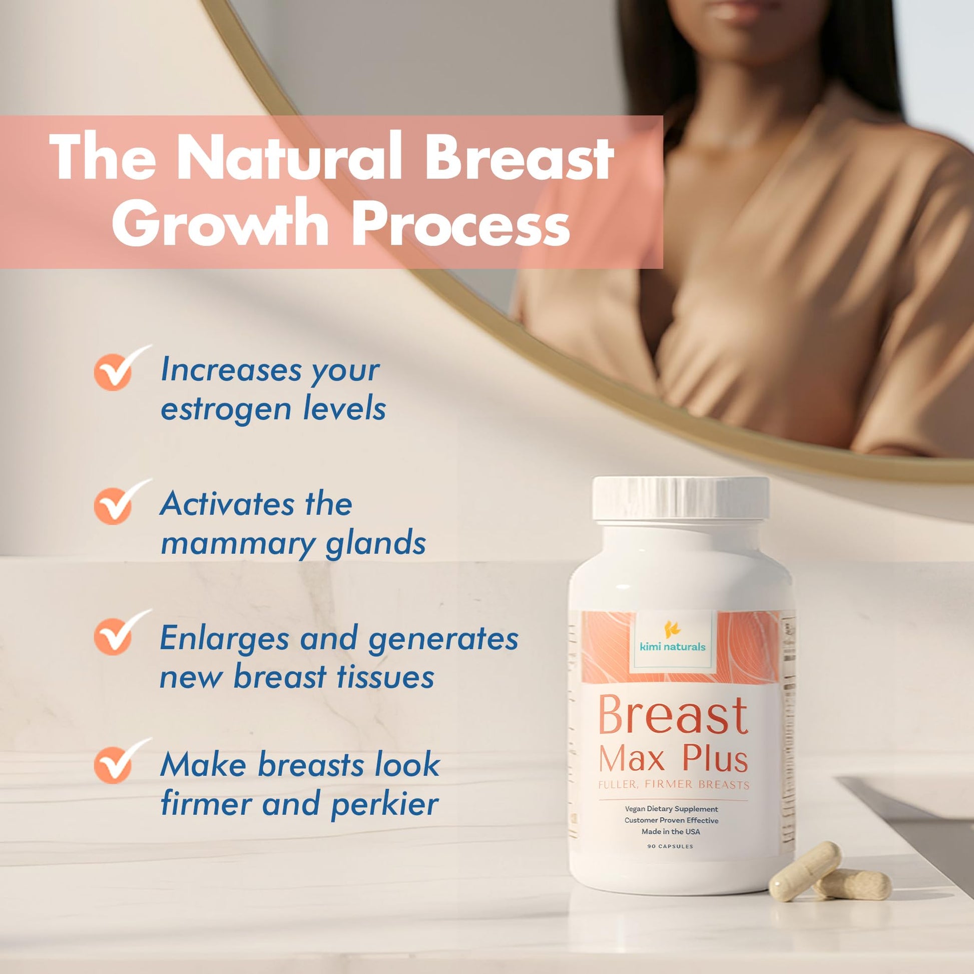 KIMI Naturals Breast Max Plus - Breast Enhancement Pills | Breast Enlargement Supplements with Fenugreek, Breast Growth, Supports Breast Firmness | 90 Capsules - dailyvitalstore