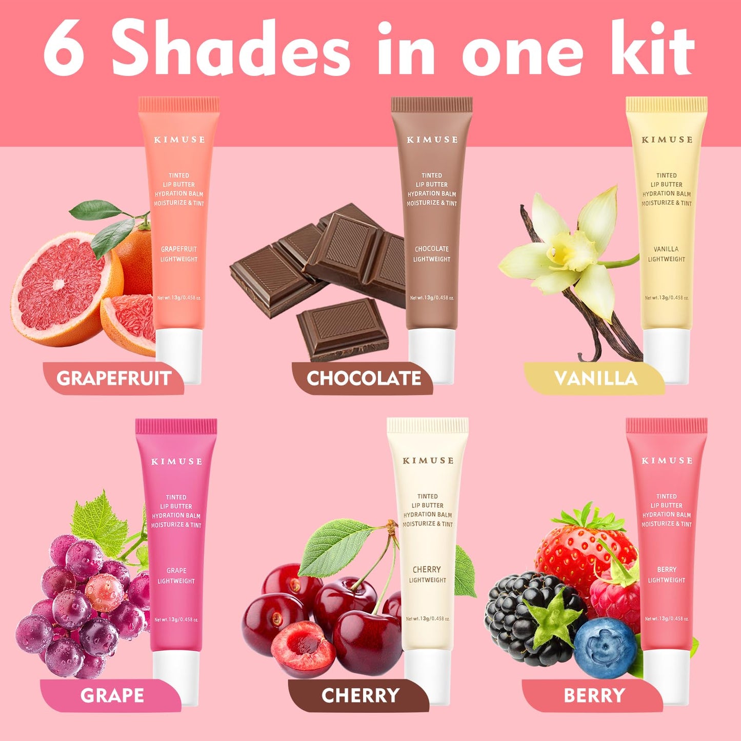 KIMUSE 6 Pcs Tinted Lip Butter Hydration Balm Set, 6 Flavored Shades Hydrating Plumping Gloss with Hyaluronic Acid & Vitamin E, Sheer Tint, Non-Sticky | Vegan Lip Care Makeup for Dry Lips & Daily - dailyvitalstore