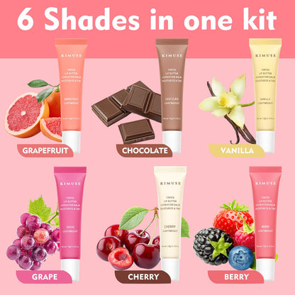KIMUSE 6 Pcs Tinted Lip Butter Hydration Balm Set, 6 Flavored Shades Hydrating Plumping Gloss with Hyaluronic Acid & Vitamin E, Sheer Tint, Non-Sticky | Vegan Lip Care Makeup for Dry Lips & Daily - dailyvitalstore