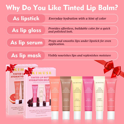 KIMUSE 6 Pcs Tinted Lip Butter Hydration Balm Set, 6 Flavored Shades Hydrating Plumping Gloss with Hyaluronic Acid & Vitamin E, Sheer Tint, Non-Sticky | Vegan Lip Care Makeup for Dry Lips & Daily - dailyvitalstore