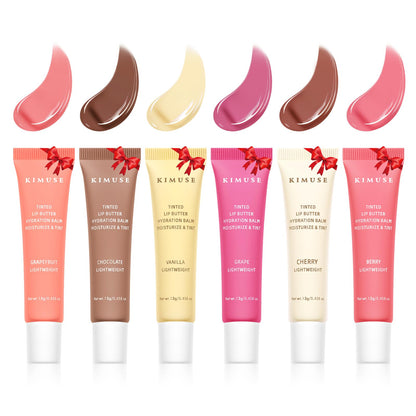 KIMUSE 6 Pcs Tinted Lip Butter Hydration Balm Set, 6 Flavored Shades Hydrating Plumping Gloss with Hyaluronic Acid & Vitamin E, Sheer Tint, Non-Sticky | Vegan Lip Care Makeup for Dry Lips & Daily - dailyvitalstore