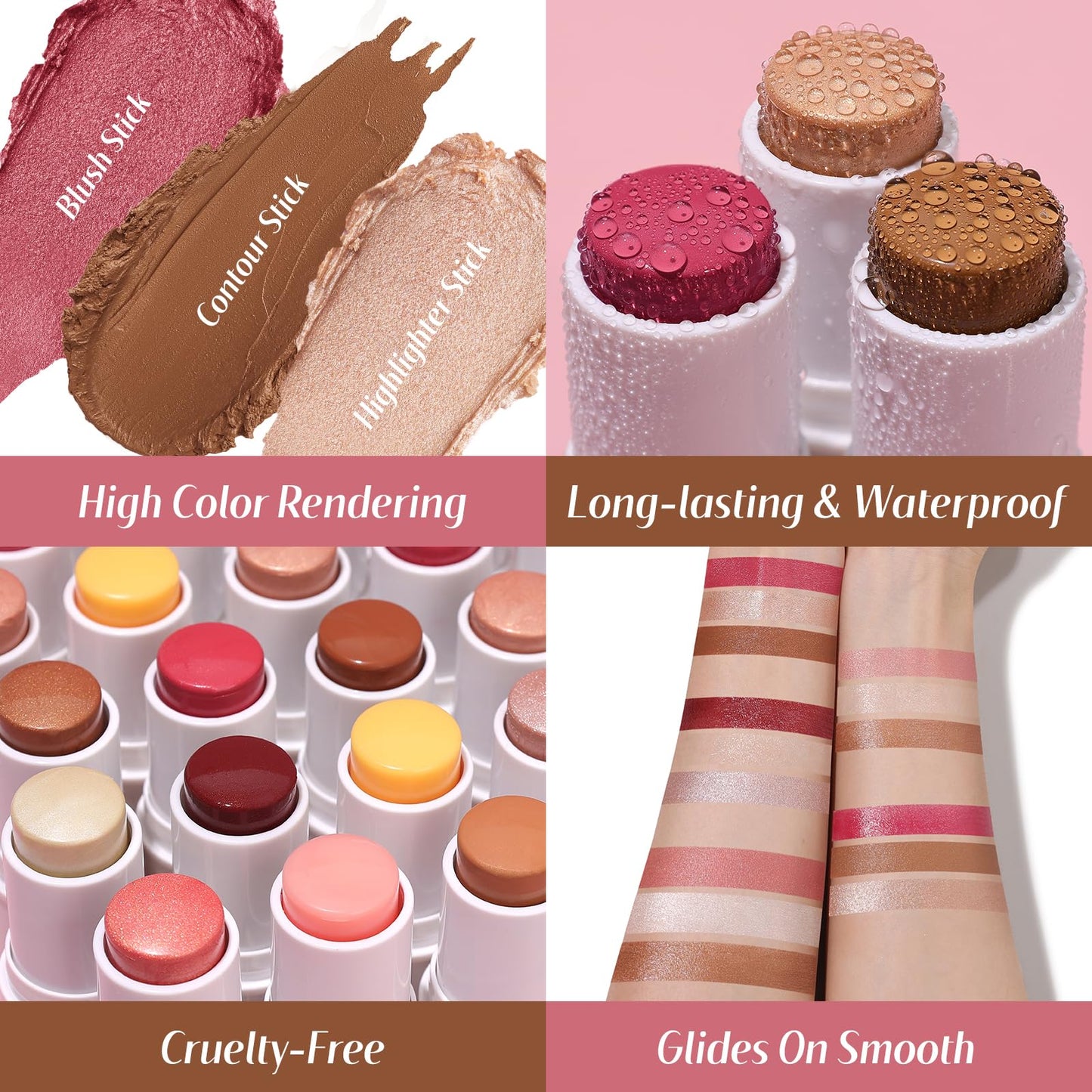 KIMUSE Face Sticks Trio, Cream Blush Stick & Highlighter Stick & Contour Stick for Sculpt the Cheeks, Long Lasting Cream Contour Stick Trio for Face Makeup, with Brush - dailyvitalstore