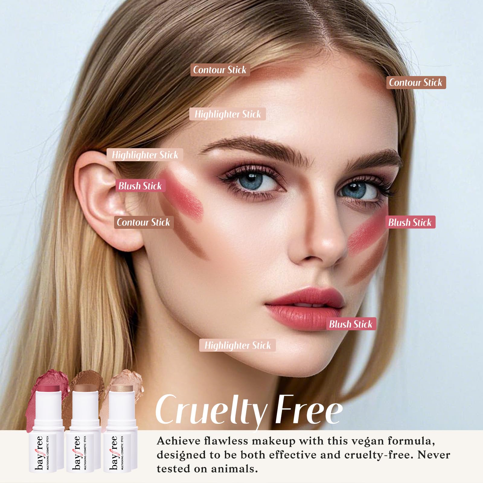KIMUSE Face Sticks Trio, Cream Blush Stick & Highlighter Stick & Contour Stick for Sculpt the Cheeks, Long Lasting Cream Contour Stick Trio for Face Makeup, with Brush - dailyvitalstore