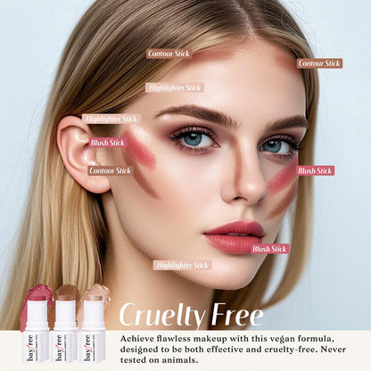 KIMUSE Face Sticks Trio, Cream Blush Stick & Highlighter Stick & Contour Stick for Sculpt the Cheeks, Long Lasting Cream Contour Stick Trio for Face Makeup, with Brush - dailyvitalstore