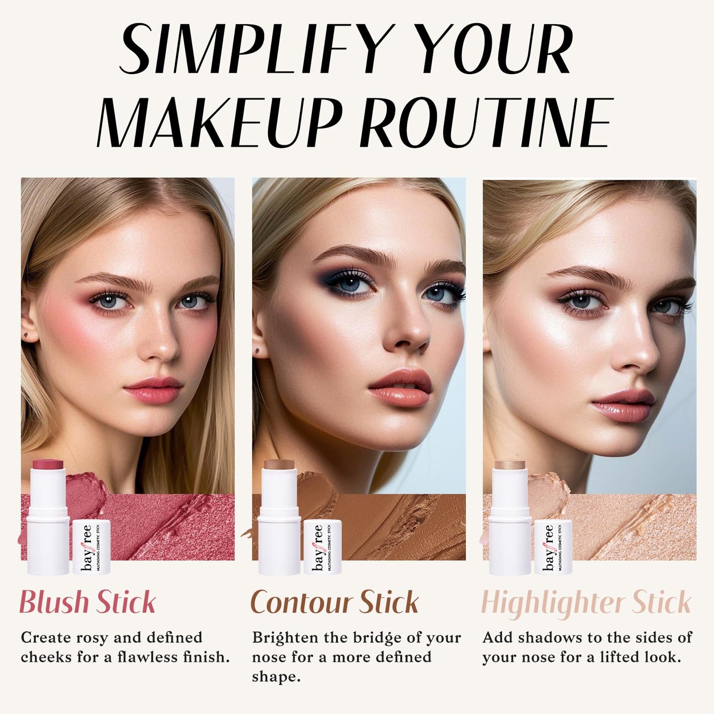 KIMUSE Face Sticks Trio, Cream Blush Stick & Highlighter Stick & Contour Stick for Sculpt the Cheeks, Long Lasting Cream Contour Stick Trio for Face Makeup, with Brush - dailyvitalstore