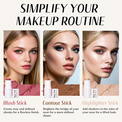 KIMUSE Face Sticks Trio, Cream Blush Stick & Highlighter Stick & Contour Stick for Sculpt the Cheeks, Long Lasting Cream Contour Stick Trio for Face Makeup, with Brush - dailyvitalstore