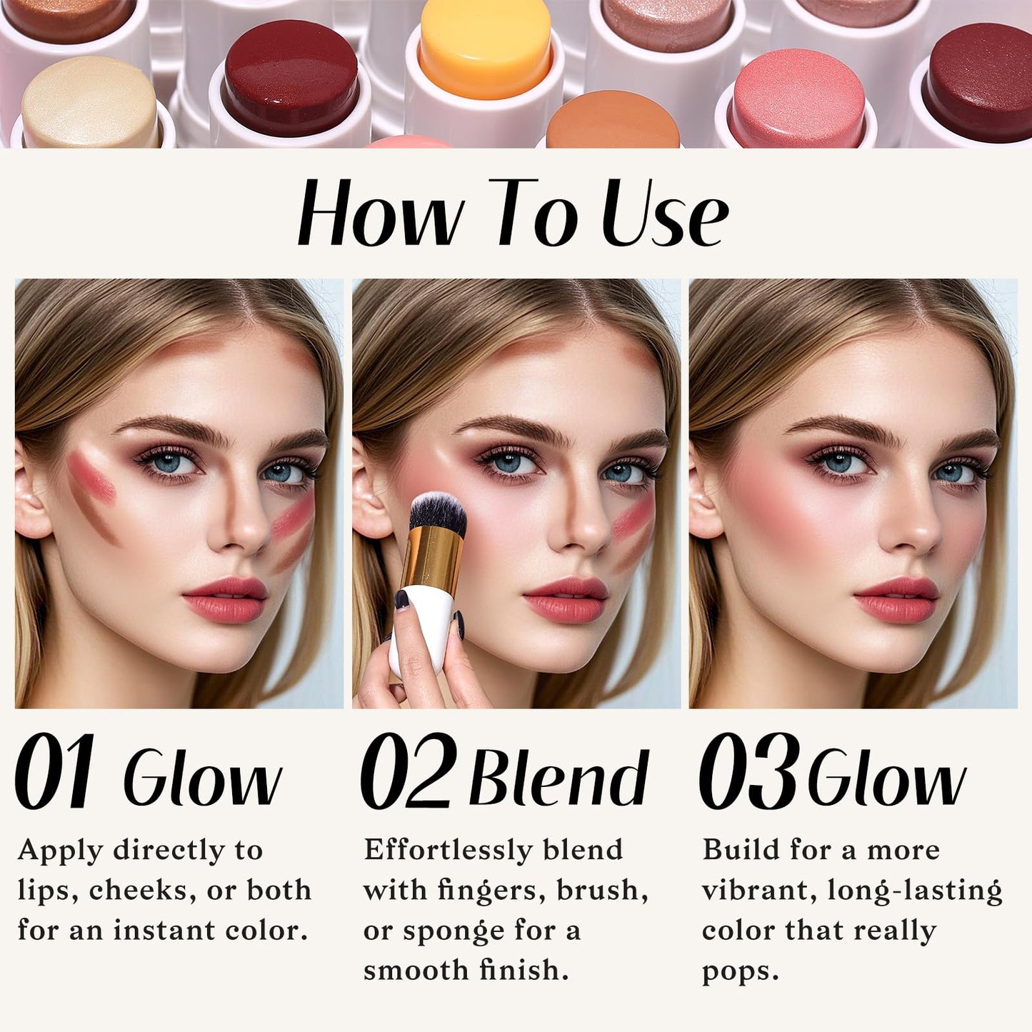 KIMUSE Face Sticks Trio, Cream Blush Stick & Highlighter Stick & Contour Stick for Sculpt the Cheeks, Long Lasting Cream Contour Stick Trio for Face Makeup, with Brush - dailyvitalstore