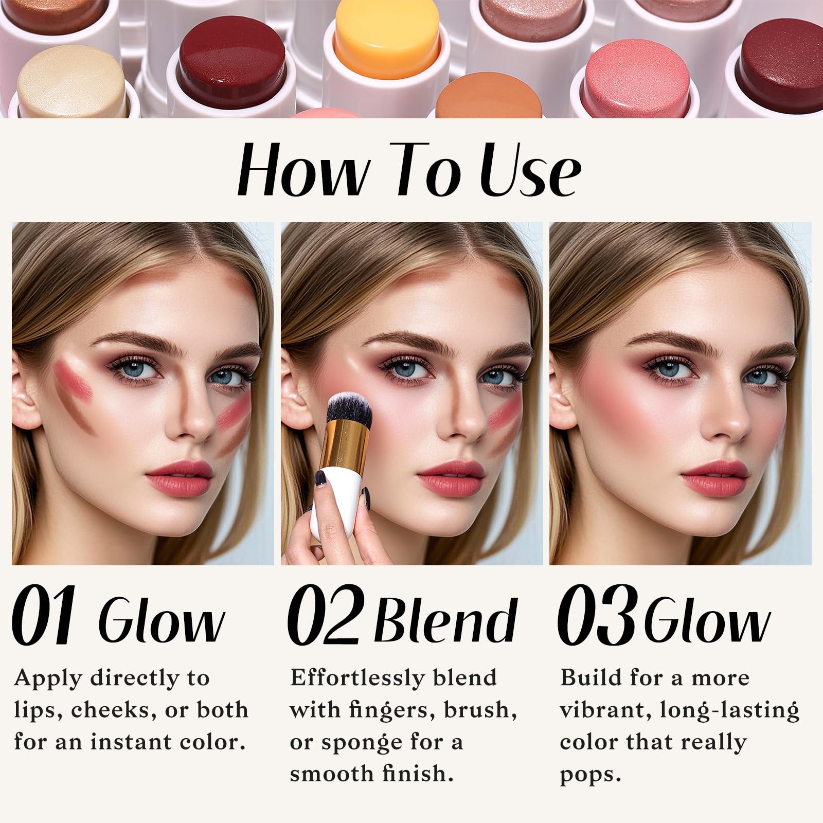 KIMUSE Face Sticks Trio, Cream Blush Stick & Highlighter Stick & Contour Stick for Sculpt the Cheeks, Long Lasting Cream Contour Stick Trio for Face Makeup, with Brush - dailyvitalstore