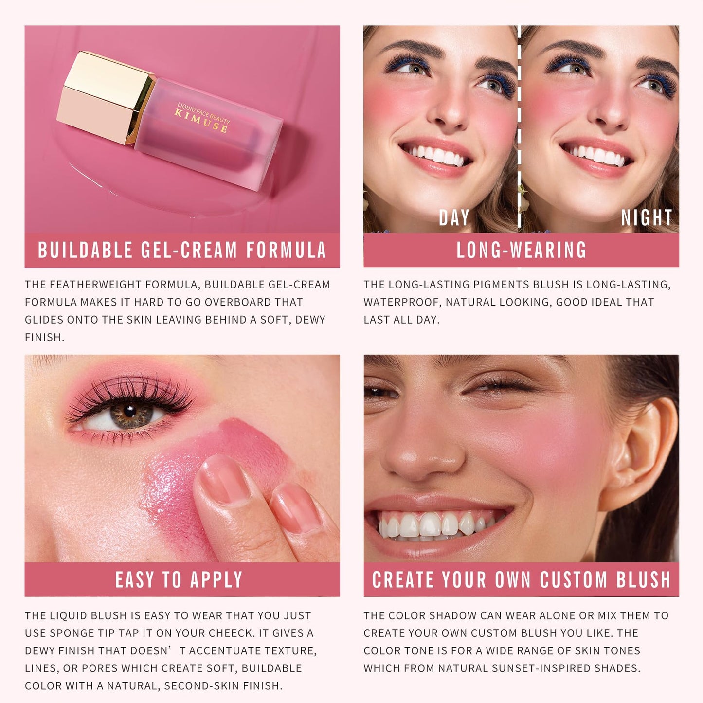 KIMUSE Liquid Blush, Long-Wearing Pigmented Soft Cream Face Blush, Waterproof, Smudge Proof, Dewy Finish - dailyvitalstore