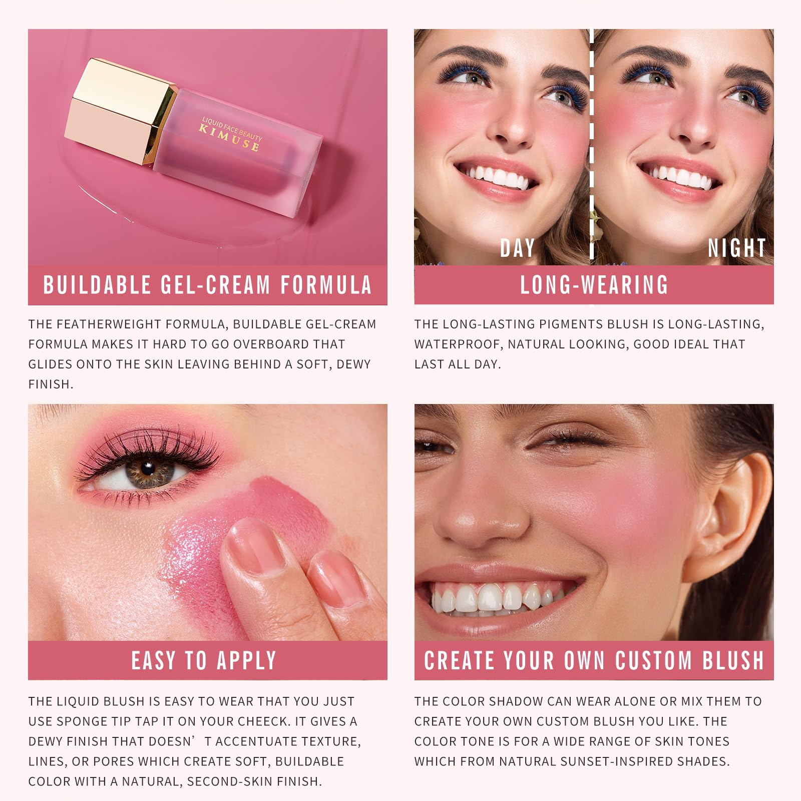 KIMUSE Liquid Blush, Long-Wearing Pigmented Soft Cream Face Blush, Waterproof, Smudge Proof, Dewy Finish - dailyvitalstore