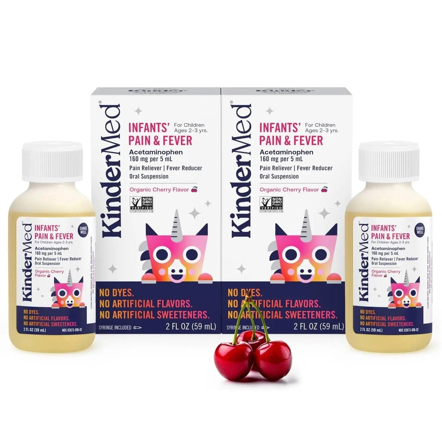 KinderMed Infants' Pain & Fever Medicine, No Dyes, No Artificial Flavors, No Artificial Sweeteners, Vegan, Non-GMO, Gluten Free, Organic Cherry Flavor, Two Pack, 2 x 2 fl. oz - dailyvitalstore