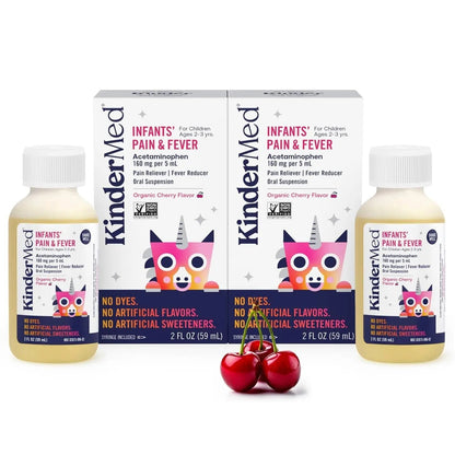 KinderMed Infants' Pain & Fever Medicine, No Dyes, No Artificial Flavors, No Artificial Sweeteners, Vegan, Non-GMO, Gluten Free, Organic Cherry Flavor, Two Pack, 2 x 2 fl. oz - dailyvitalstore