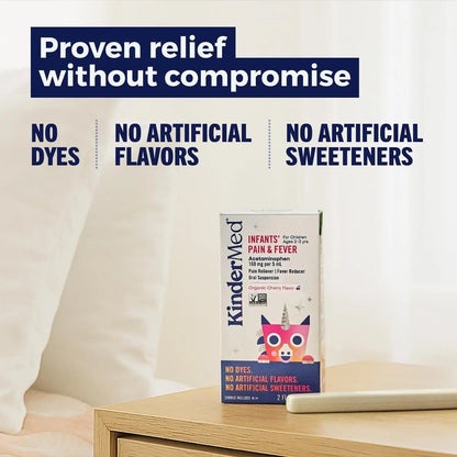 KinderMed Infants' Pain & Fever Medicine, No Dyes, No Artificial Flavors, No Artificial Sweeteners, Vegan, Non-GMO, Gluten Free, Organic Cherry Flavor, Two Pack, 2 x 2 fl. oz - dailyvitalstore