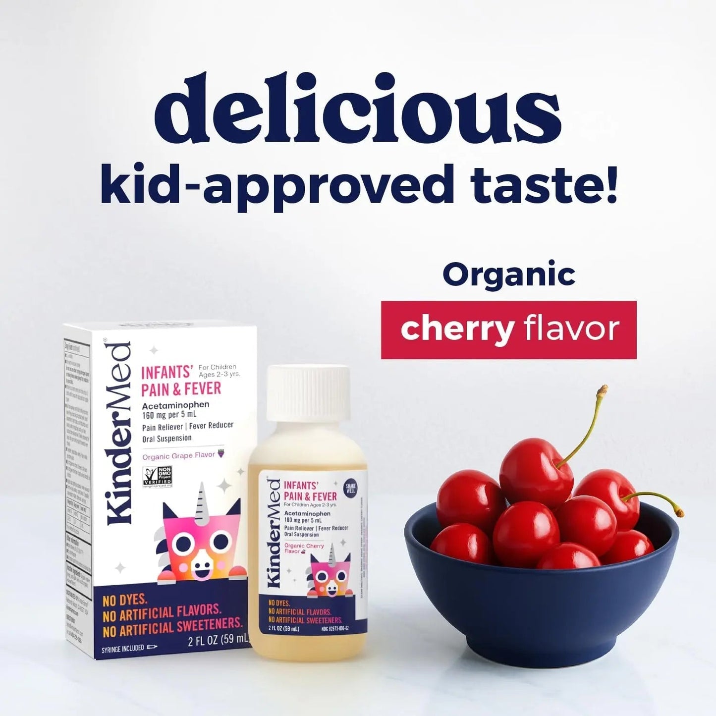KinderMed Infants' Pain & Fever Medicine, No Dyes, No Artificial Flavors, No Artificial Sweeteners, Vegan, Non-GMO, Gluten Free, Organic Cherry Flavor, Two Pack, 2 x 2 fl. oz - dailyvitalstore