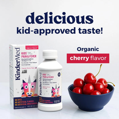 KinderMed Kids' Pain & Fever Medicine, for Ages 2-11 Years, No Dyes, No Artificial Flavors, No Artificial Sweeteners, Vegan, Non-GMO, Gluten Free, Organic Cherry Flavor, Two Pack, 2 x 4 fl. oz - dailyvitalstore