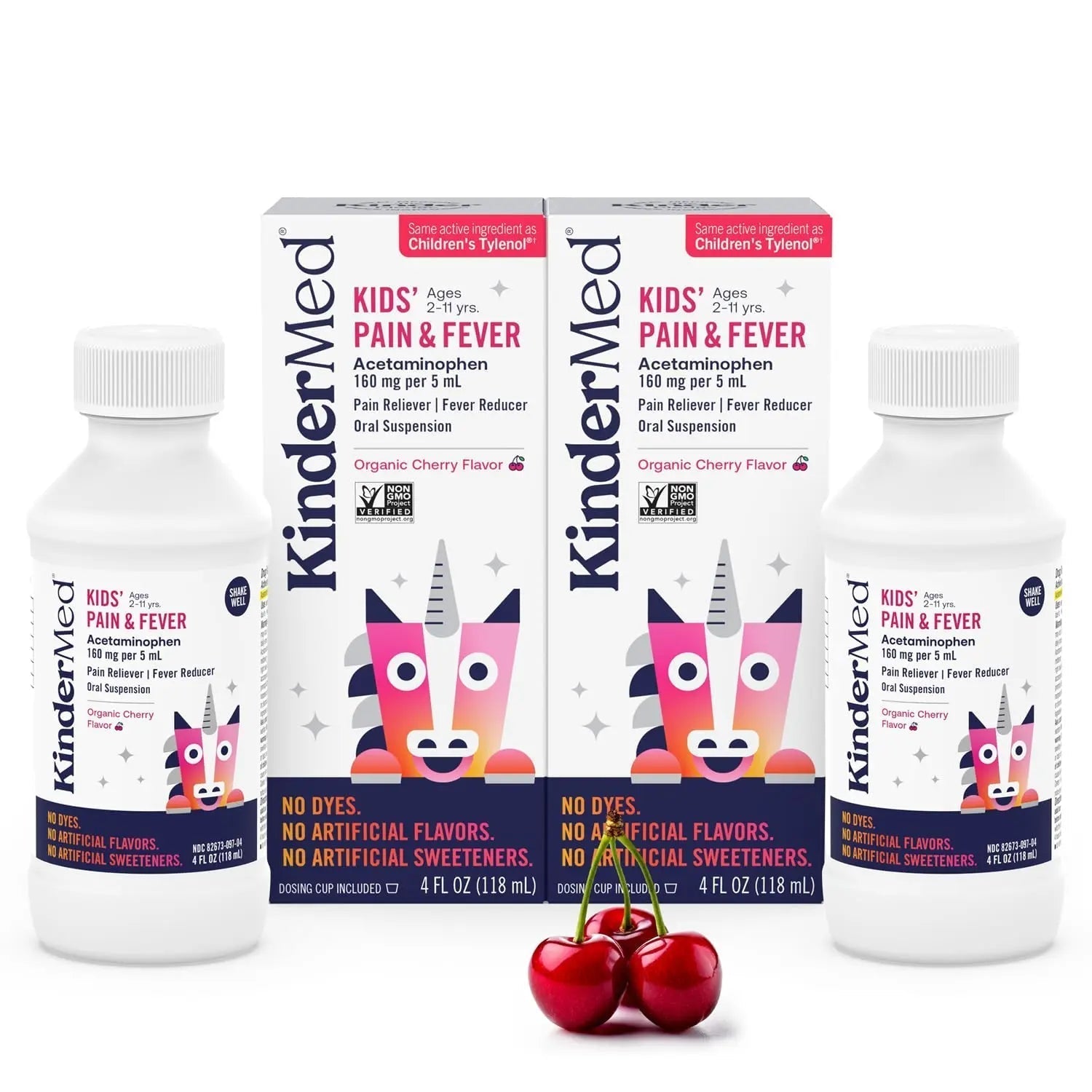 KinderMed Kids' Pain & Fever Medicine, for Ages 2-11 Years, No Dyes, No Artificial Flavors, No Artificial Sweeteners, Vegan, Non-GMO, Gluten Free, Organic Cherry Flavor, Two Pack, 2 x 4 fl. oz - dailyvitalstore