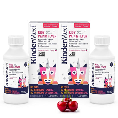 KinderMed Kids' Pain & Fever Medicine, for Ages 2-11 Years, No Dyes, No Artificial Flavors, No Artificial Sweeteners, Vegan, Non-GMO, Gluten Free, Organic Cherry Flavor, Two Pack, 2 x 4 fl. oz - dailyvitalstore