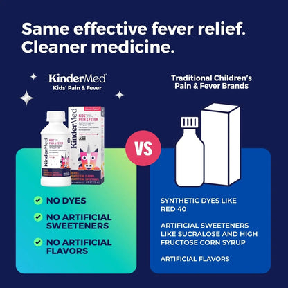 KinderMed Kids' Pain & Fever Medicine, for Ages 2-11 Years, No Dyes, No Artificial Flavors, No Artificial Sweeteners, Vegan, Non-GMO, Gluten Free, Organic Cherry Flavor, Two Pack, 2 x 4 fl. oz - dailyvitalstore