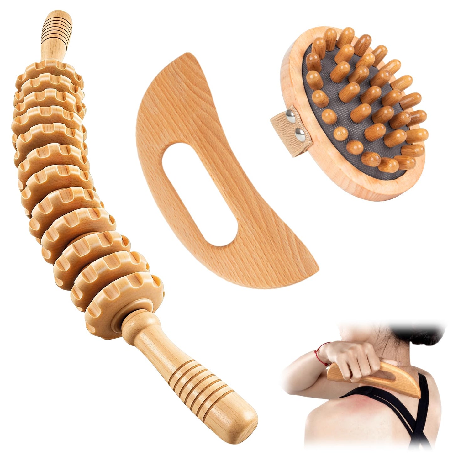 KintKita Wood Therapy Massage Tools 3 in 1,Wooden Lymphatic Drainage Massager, Body Sculpting Tools Cellulite Massager for Maderoterapia, Body Contouring, Relief Muscle, Anti-Cellulite - dailyvitalstore