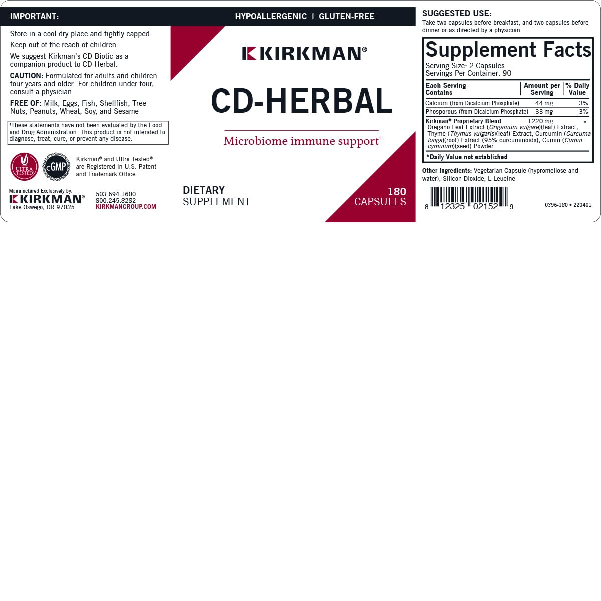 Kirkman CD-Herbal - Hypoallergenic -180 Vegetarian Capsules - dailyvitalstore