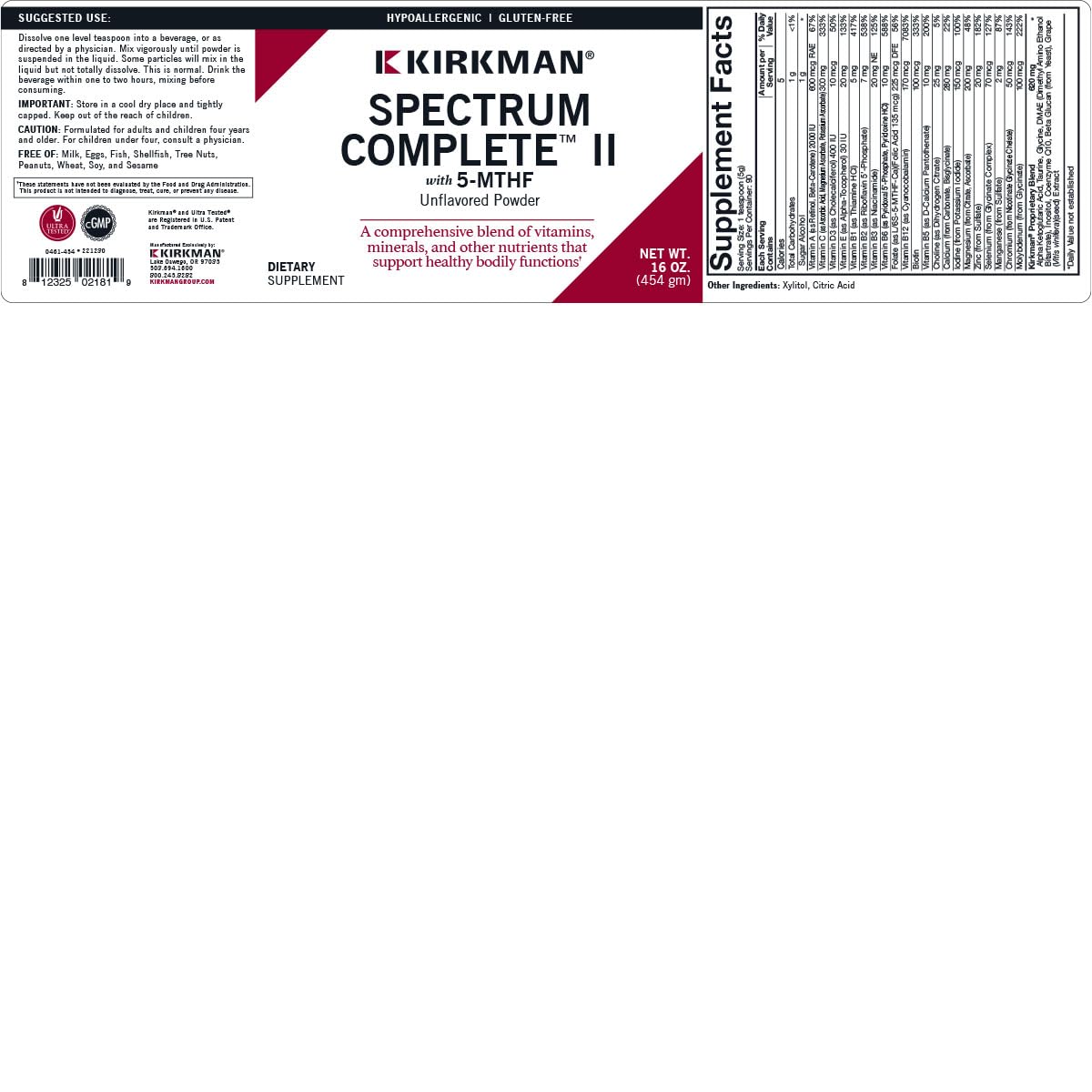 Kirkman Spectrum Complete II Powder - Hypoallergenic - 454 gm/16 oz - dailyvitalstore
