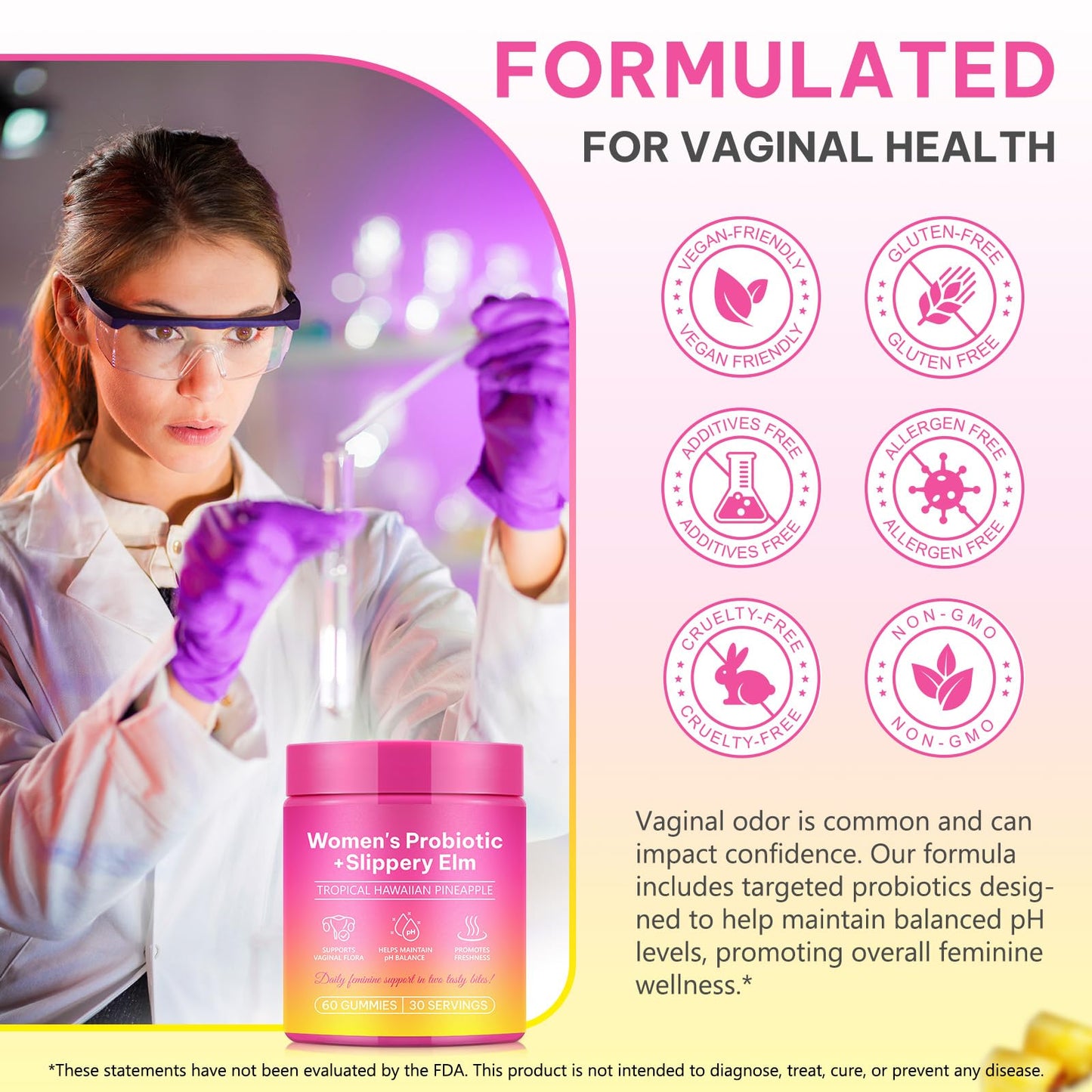 KITNOBLIS Feminine Probiotic Gummies with Slippery Elm- Pineapple Gummies for Women pH Balance, Gut Health & Immune Supports | with Prebiotics & Lactobacillus Blend (60 Gummies) - dailyvitalstore