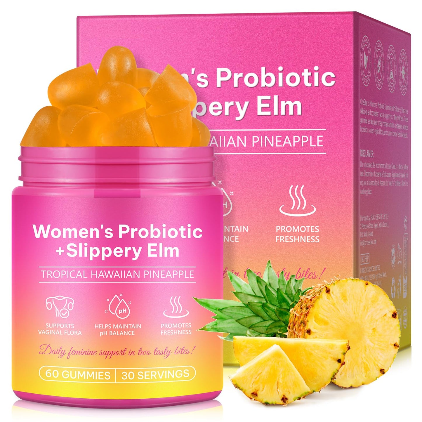 KITNOBLIS Feminine Probiotic Gummies with Slippery Elm- Pineapple Gummies for Women pH Balance, Gut Health & Immune Supports | with Prebiotics & Lactobacillus Blend (60 Gummies) - dailyvitalstore