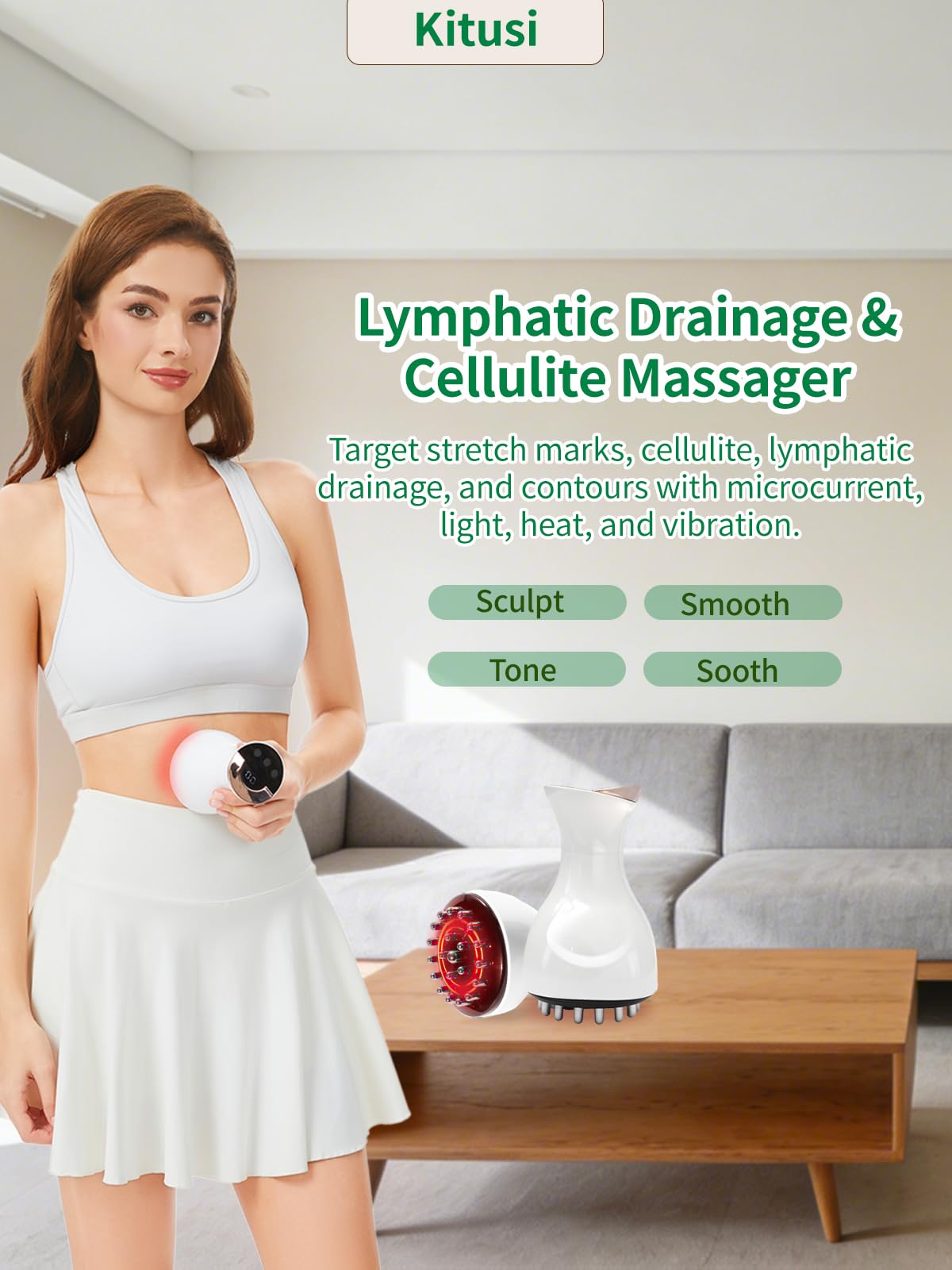 Kitusi Lymphatic Drainage Massager & Anti Cellulite Massage Tool, for Legs, Arms & Belly, Body,Helps Reduce Stretch Marks & Cellulite,with Microcurrent, Light Heat & Vibration - dailyvitalstore