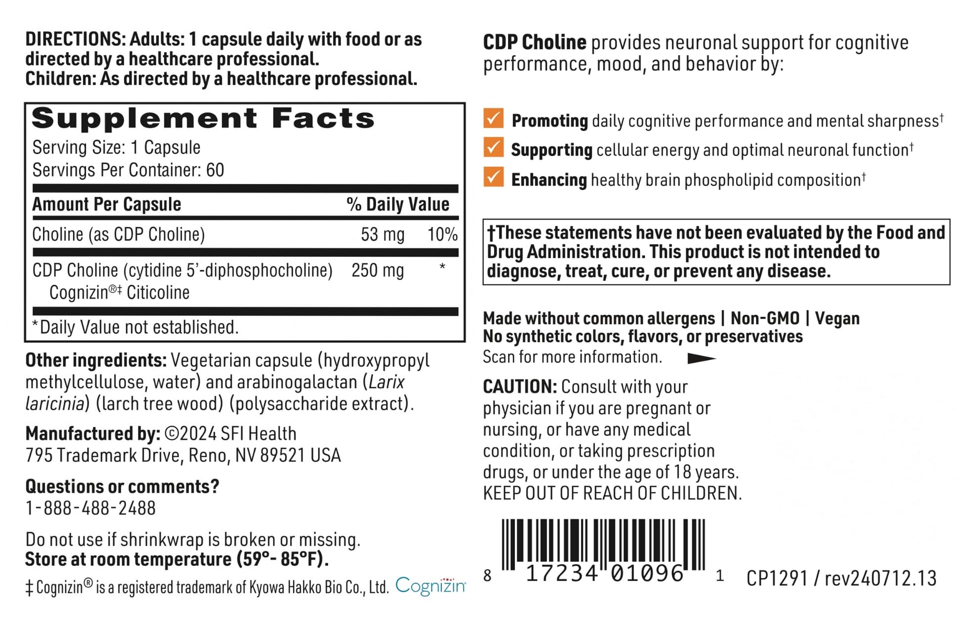 Klaire Labs SFI Health CDP Choline 250mg - Soy-Free Choline Supplements - Cognizin Citicoline to Help Support Memory, Focus & Attention - Bioavailable Active Form, Hypoallergenic (60 Capsules) - dailyvitalstore