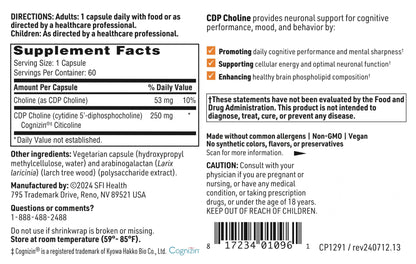 Klaire Labs SFI Health CDP Choline 250mg - Soy-Free Choline Supplements - Cognizin Citicoline to Help Support Memory, Focus & Attention - Bioavailable Active Form, Hypoallergenic (60 Capsules) - dailyvitalstore