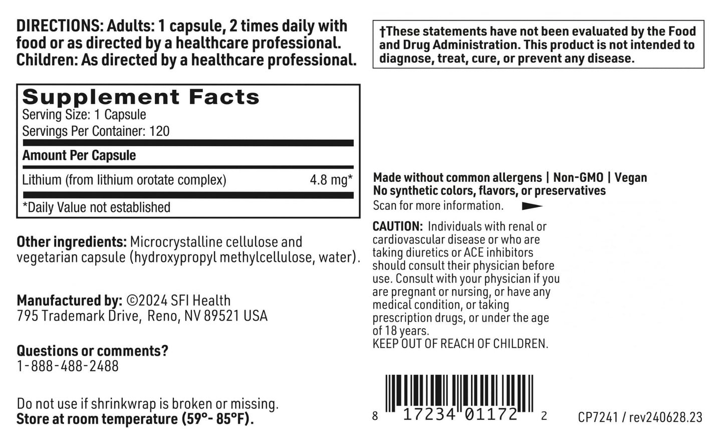 Klaire Labs SFI Health Lithium Orotate 4.8 mg - May Help Balance Mood - Bioavailable Lithium Orotate Supplement - Trace Minerals Promote Focus, Memory, Cognitive & Mood Support (120 Capsules) - dailyvitalstore