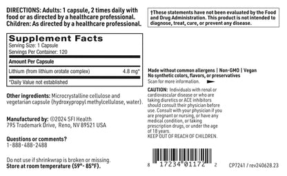 Klaire Labs SFI Health Lithium Orotate 4.8 mg - May Help Balance Mood - Bioavailable Lithium Orotate Supplement - Trace Minerals Promote Focus, Memory, Cognitive & Mood Support (120 Capsules) - dailyvitalstore