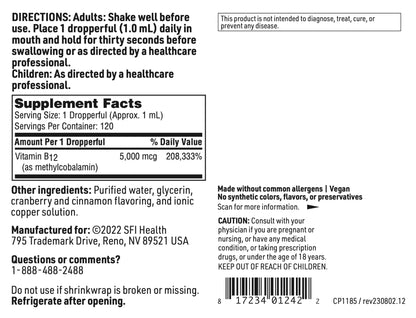 Klaire Labs SFI Health Vitamin B12 Liquid Drops 5mg - Mood & Cognitive Support from 5000mcg Active Coenzyme Methylcobalamin - Hypoallergenic (120 Servings, 4 Fluid Ounces) - dailyvitalstore