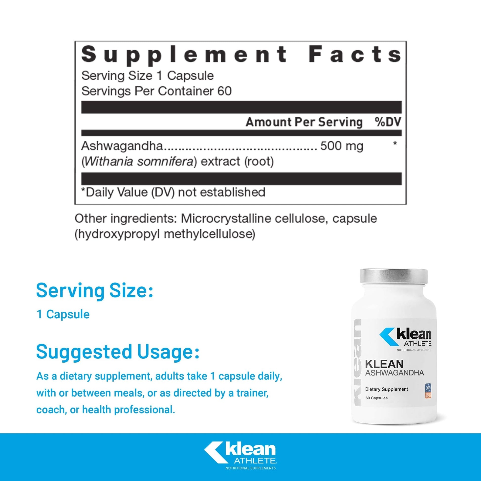 Klean Athlete Klean Ashwagandha - for Occasional Stress - Supports Adaptations to Training* - Adaptogen Blend - Vegan & Non GMO - 60 Capsules - dailyvitalstore