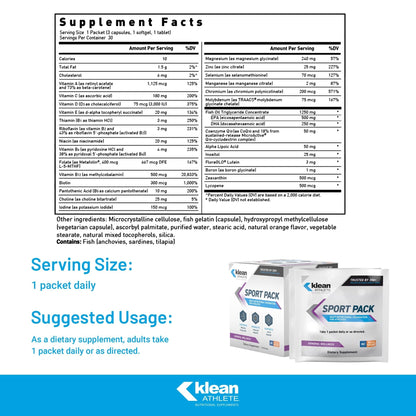 Klean Athlete Klean Sport Pack - Contains Magnesium Glycinate, Vitamin D & Omega-3 - Supports Muscle, Joint & Immune Health - NSF Certified - Daily Nutritional Supplement for Athletes - 30 Packets - dailyvitalstore