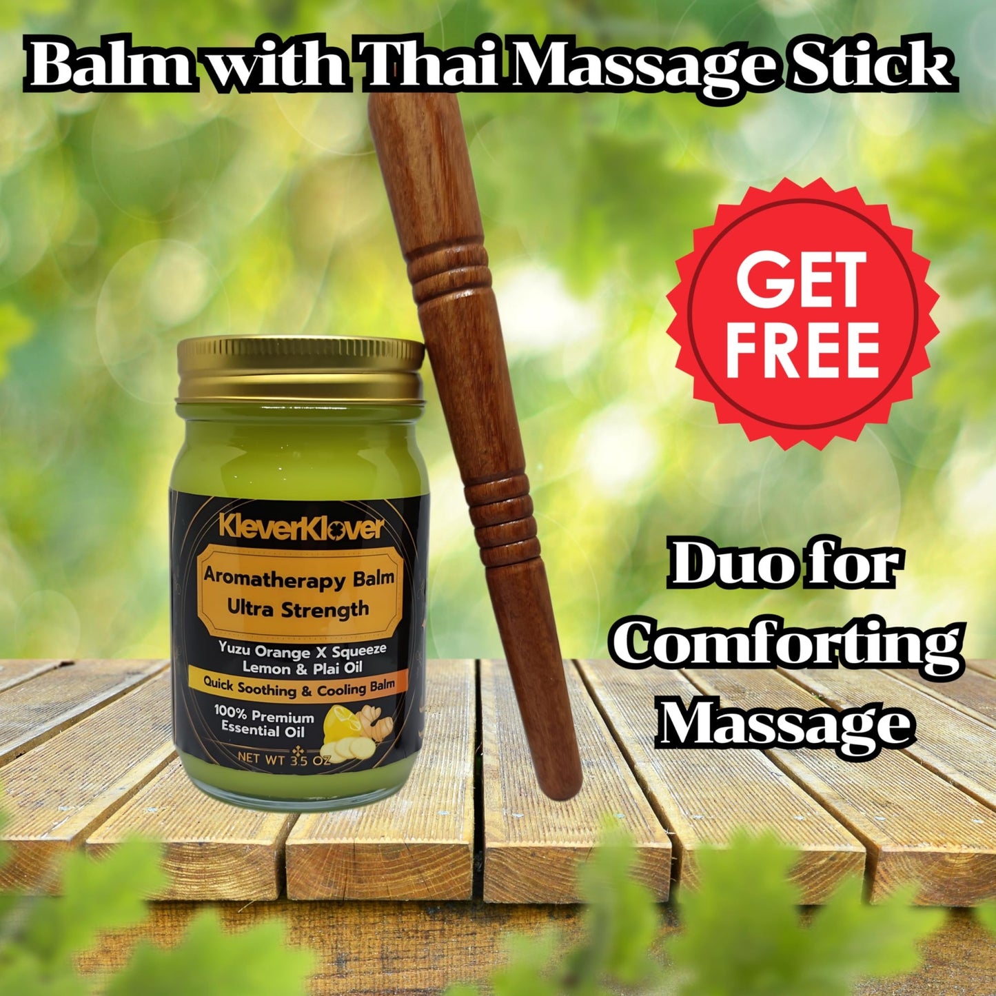 KleverKlover Back and Neck Aromatherapy Balm Ultra Strength for Healing Sore Muscle & Joint After Workout or Yoga - Plai Oil - Preservative Free- Citrus Scent + Free Massage Reflexology Wooden Stick - dailyvitalstore