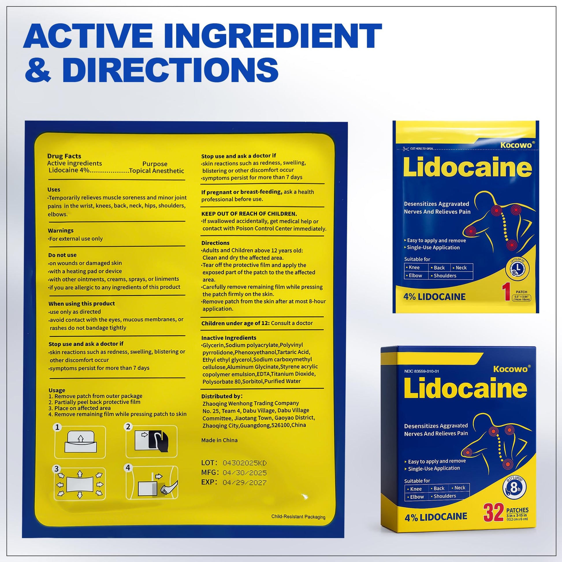 Kocowo 4% Lidocaine Maximum Strength Pain Relief Gel Patches with Auxiliary Patches for Neck Back Knee Joint Ache Muscle Soreness, 3.9” x 5.5”, 32-Count Box, NDC：83559-010-01 - dailyvitalstore