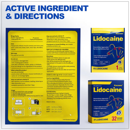 Kocowo 4% Lidocaine Maximum Strength Pain Relief Gel Patches with Auxiliary Patches for Neck Back Knee Joint Ache Muscle Soreness, 3.9” x 5.5”, 32-Count Box, NDC：83559-010-01 - dailyvitalstore