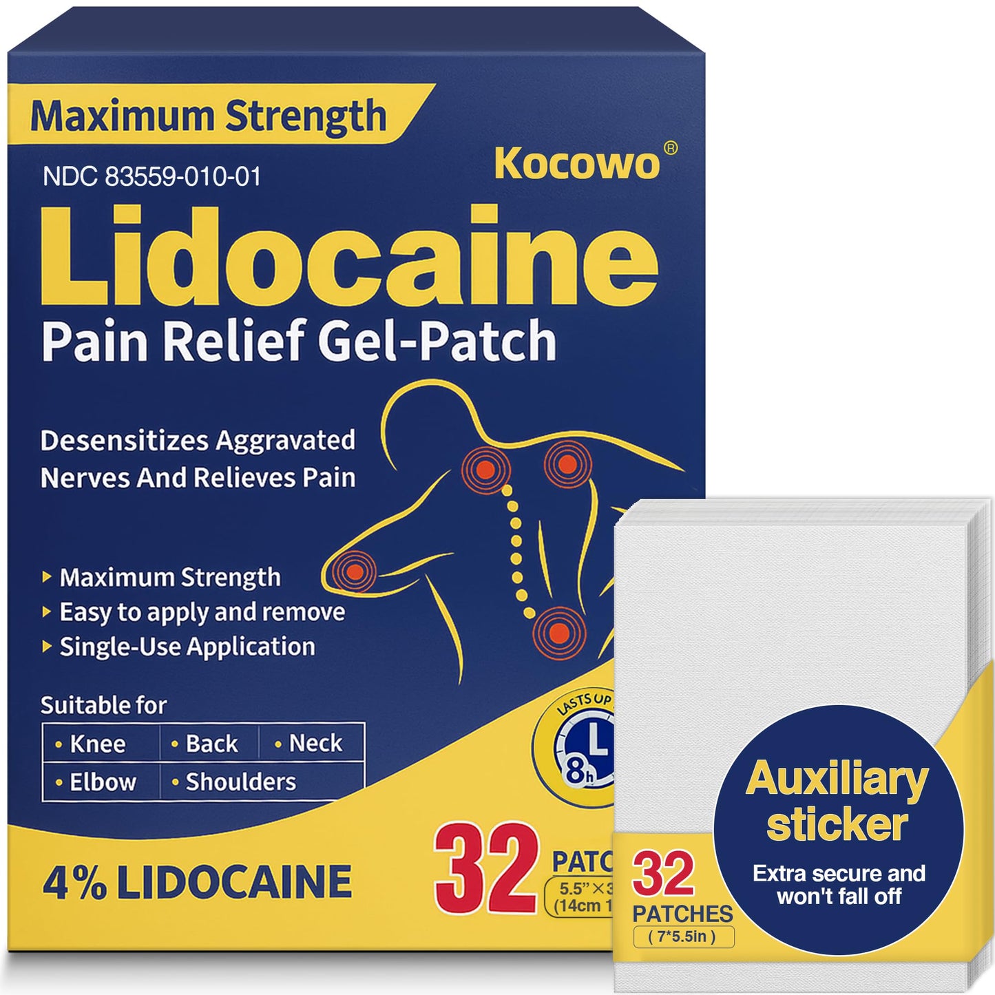 Kocowo 4% Lidocaine Maximum Strength Pain Relief Gel Patches with Auxiliary Patches for Neck Back Knee Joint Ache Muscle Soreness, 3.9” x 5.5”, 32-Count Box, NDC：83559-010-01 - dailyvitalstore