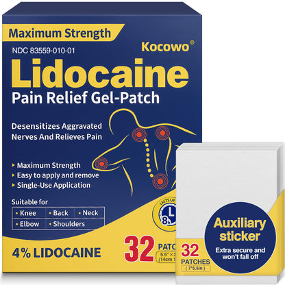 Kocowo 4% Lidocaine Maximum Strength Pain Relief Gel Patches with Auxiliary Patches for Neck Back Knee Joint Ache Muscle Soreness, 3.9” x 5.5”, 32-Count Box, NDC：83559-010-01 - dailyvitalstore