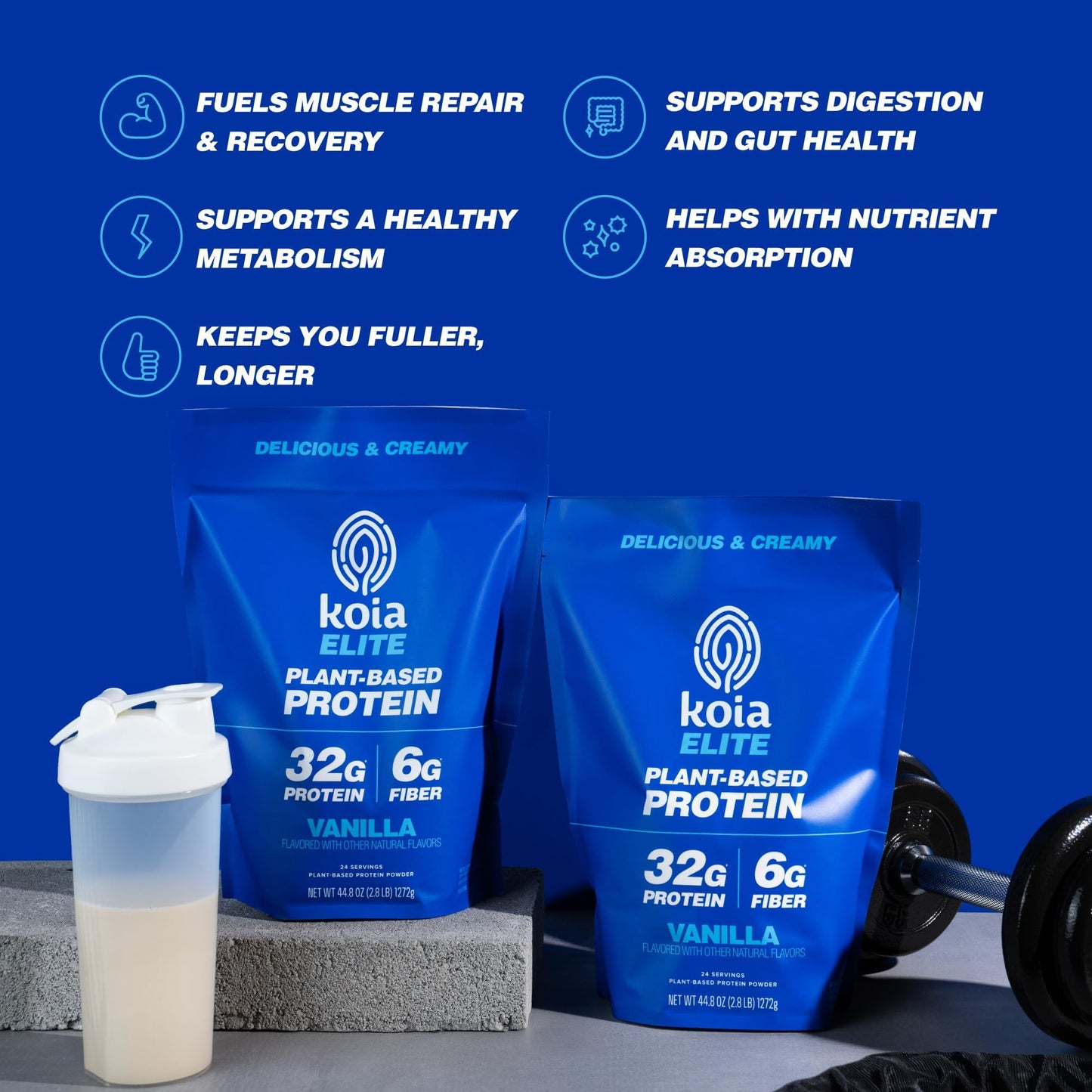 Koia Plant Based Protein Elite Powder, Vanilla, 32g Protein, 4g Sugar, 6g Prebiotic Fiber, Pre & Post Workout, 21 Vitamins & Minerals, Dairy-Free, Gluten-Free, Non-GMO, 24 Servings, 44.8 Oz - dailyvitalstore