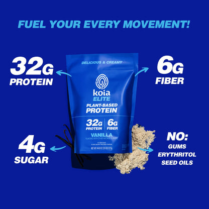 Koia Plant Based Protein Elite Powder, Vanilla, 32g Protein, 4g Sugar, 6g Prebiotic Fiber, Pre & Post Workout, 21 Vitamins & Minerals, Dairy-Free, Gluten-Free, Non-GMO, 24 Servings, 44.8 Oz - dailyvitalstore
