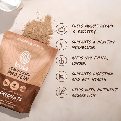 Koia Plant Based Protein Powder, Chocolate, 20g Protein, 3g Sugar, 6g Prebiotic Fiber, Pre & Post Workout, 21 Vitamins & Minerals, No Seed Oils, Dairy-Free, Gluten-Free, Non-GMO, 20 Servings, 30.3 Oz - dailyvitalstore