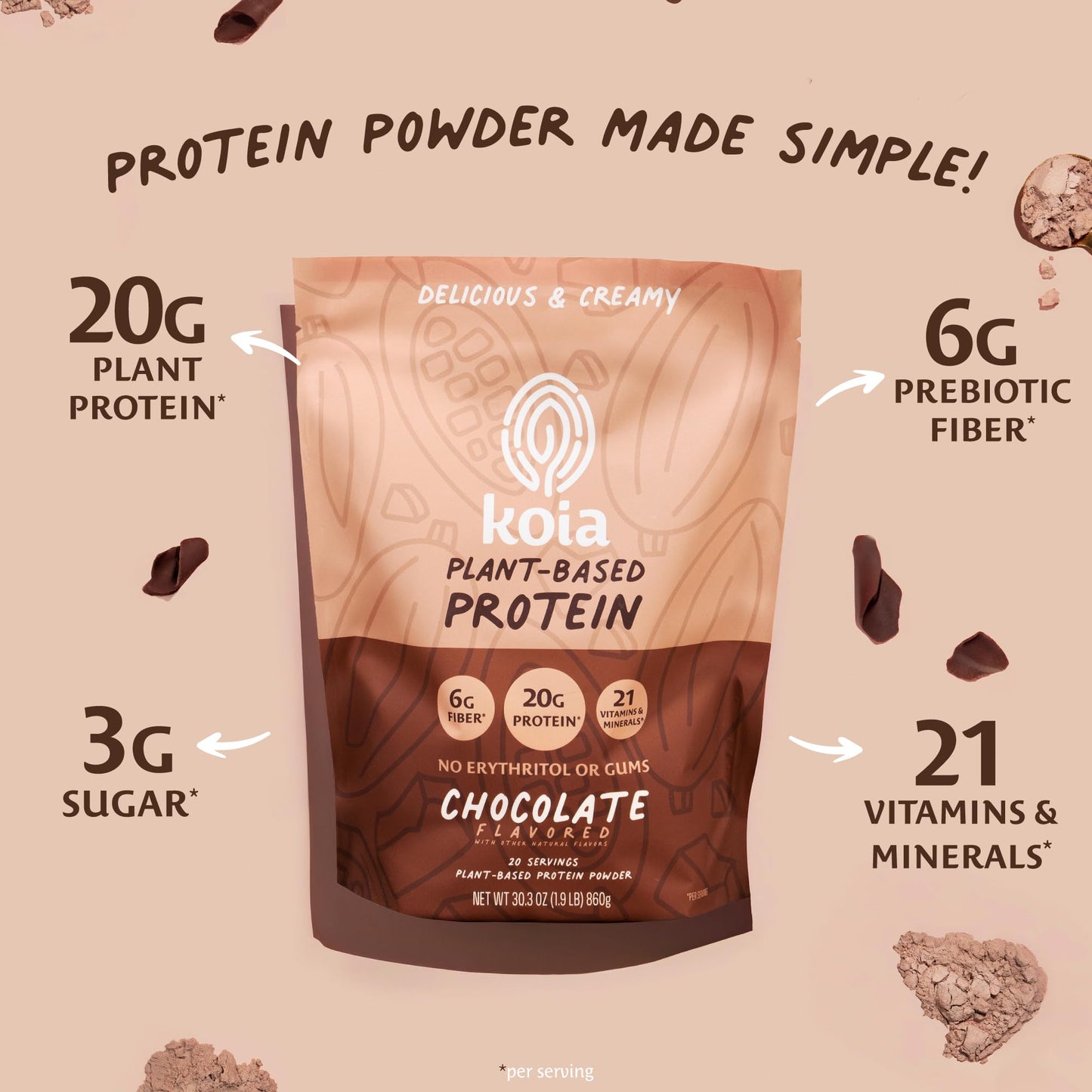 Koia Plant Based Protein Powder, Chocolate, 20g Protein, 3g Sugar, 6g Prebiotic Fiber, Pre & Post Workout, 21 Vitamins & Minerals, No Seed Oils, Dairy-Free, Gluten-Free, Non-GMO, 20 Servings, 30.3 Oz - dailyvitalstore