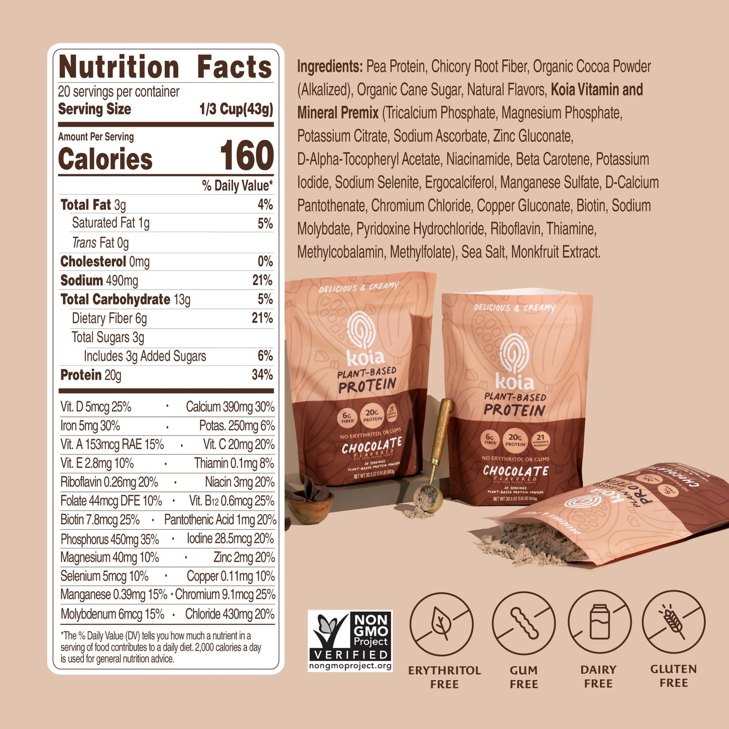 Koia Plant Based Protein Powder, Chocolate, 20g Protein, 3g Sugar, 6g Prebiotic Fiber, Pre & Post Workout, 21 Vitamins & Minerals, No Seed Oils, Dairy-Free, Gluten-Free, Non-GMO, 20 Servings, 30.3 Oz - dailyvitalstore