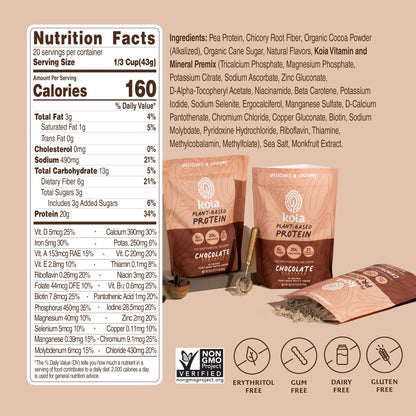 Koia Plant Based Protein Powder, Chocolate, 20g Protein, 3g Sugar, 6g Prebiotic Fiber, Pre & Post Workout, 21 Vitamins & Minerals, No Seed Oils, Dairy-Free, Gluten-Free, Non-GMO, 20 Servings, 30.3 Oz - dailyvitalstore