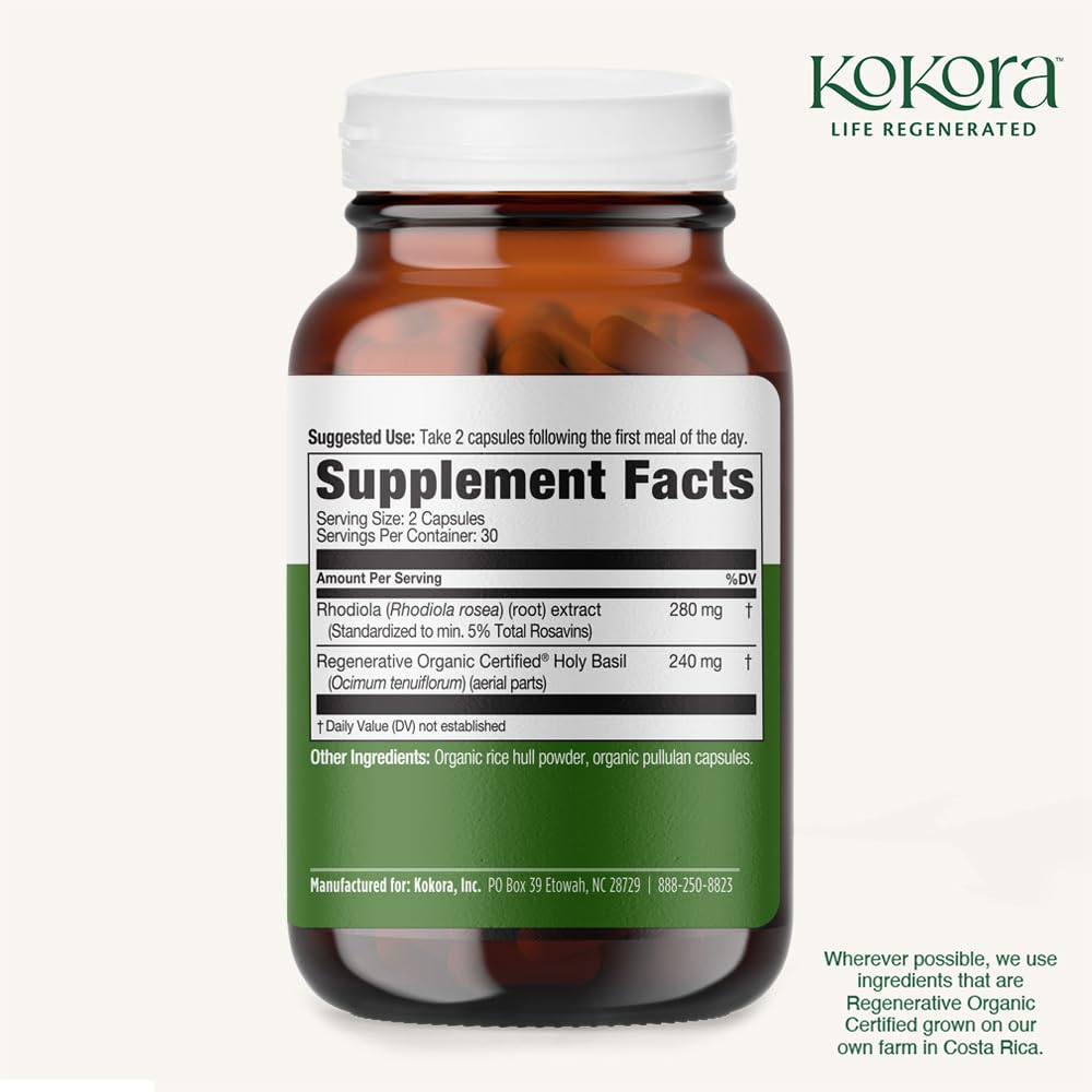kokora Extra Strength Rhodiola Rosea – Stress Relief, Endurance & Promotes Mental & Physical Performance* - with Siberian Rhodiola, Rosavins, Organic Holy Basil - Vegan, Non-GMO - 60 Capsules - dailyvitalstore