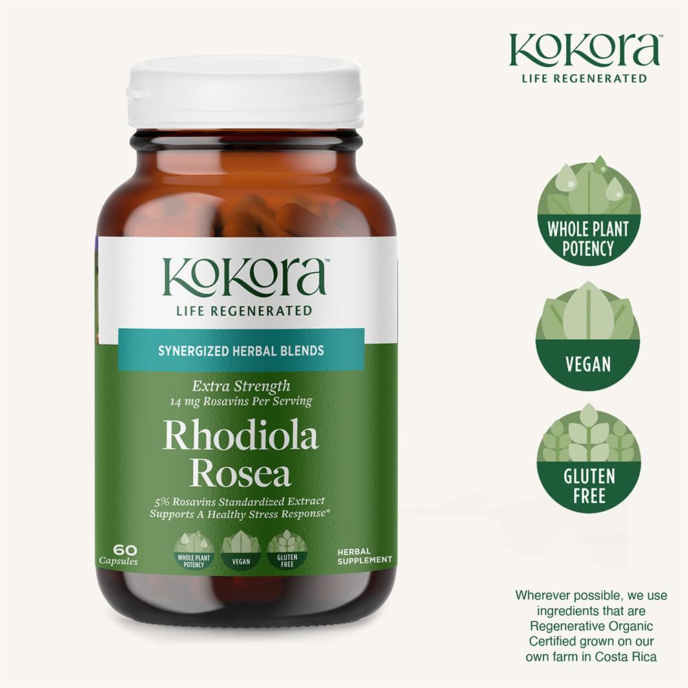 kokora Extra Strength Rhodiola Rosea – Stress Relief, Endurance & Promotes Mental & Physical Performance* - with Siberian Rhodiola, Rosavins, Organic Holy Basil - Vegan, Non-GMO - 60 Capsules - dailyvitalstore