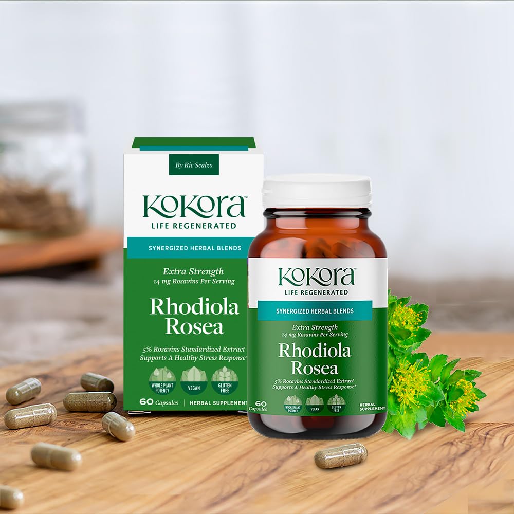 kokora Extra Strength Rhodiola Rosea – Stress Relief, Endurance & Promotes Mental & Physical Performance* - with Siberian Rhodiola, Rosavins, Organic Holy Basil - Vegan, Non-GMO - 60 Capsules - dailyvitalstore